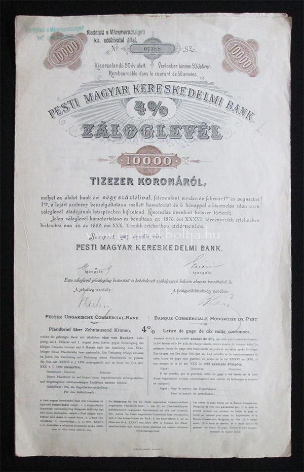 Pesti Magyar Kereskedelmi Bank záloglevél 10000 korona 1907